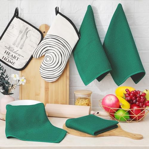 100% Cotton Waffle Weave Kitchen Dish Cloths 12 (Dark Green / 12 X 12 - 12 Pack)