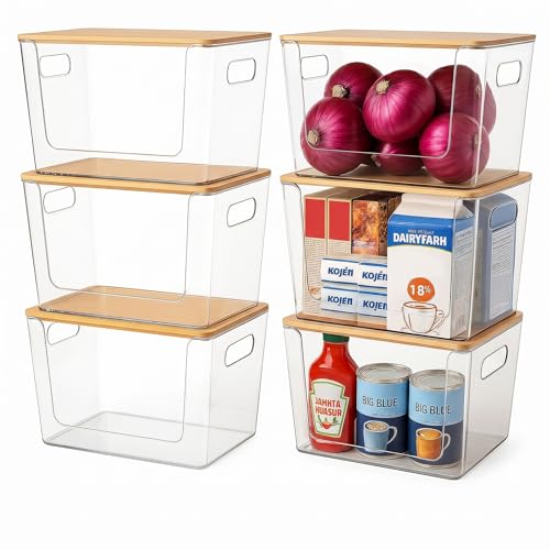 6 Pack Clear Stackable Storage Bins with Bamboo Lids (6 Pack)
