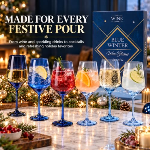Winter Blue Christmas Wine Glasses Set of 6 Colored Crystal 12oz Navy Tall Stemmed Glassware for Holiday Celebrations (Blue)