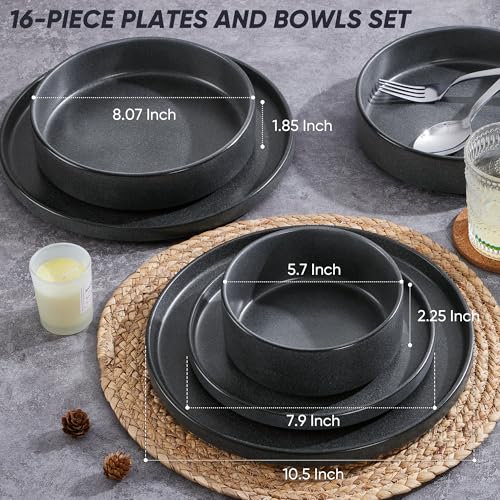 16 Piece Stoneware Dinnerware Sets with Pasta Bowls (Deep Gray / Bowls Type-16pcs for 4)