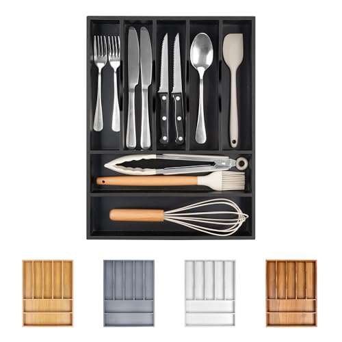 Acacia Silverware Organizer Kitchen Drawer Organizer Expandable Bamboo Utensil Holder Cutlery Tray for Kitchen Utensil and Flatware Bedroom Office (Black / 7 Slots)