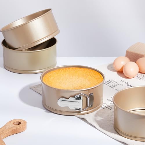 4 Pcs 6 Inch Non Stick Springform Pan with Removable Bottom Carbon Steel Round Springform Cheesecake Pan with Stainless Steel Spring Buckles for Baking Kitchens Restaurant (Champagne Gold / 6 Inch)
