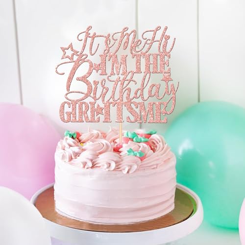 1 PCS It's Me Hi I'm the Birthday Girl It's Me Cake Topper Glitter Music Singer Cake Pick for Funny Hip Hop Singer Girls Birthday Party Cake Decorations Supplies Rose Gold (Design 1 Rose Gold)