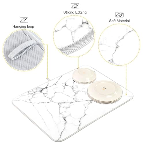 White Grey Marble Dish Drying Mat for Kitchen Counter Absorbent Microfiber Drying Pad (DM14 / 18" x 18")