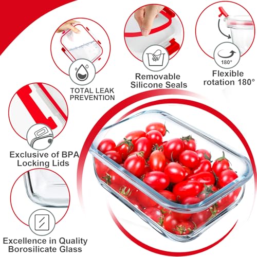 5 PACK 36 OZ Glass Meal Prep Containers Set with Lids (Red)