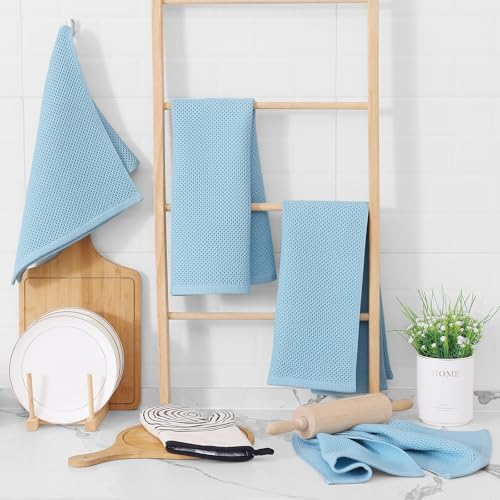 100% Cotton Waffle Weave Kitchen Dish Towels 4 (Sky Blue / 13 X 28 - 4 Pack)