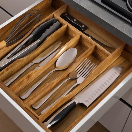 Expandable Acacia Kitchen Drawer Organizer for Cutlery and Utensils (7 Slots Expandable / Acacia)