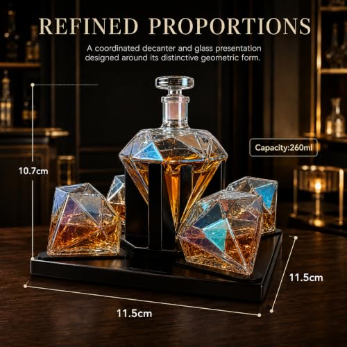 Diamond Whiskey Decanter With 4 Iridescent Glasses 750ML Mahogany Wood Tray (Iridescent Diamond Decanter + 4 Glasses)
