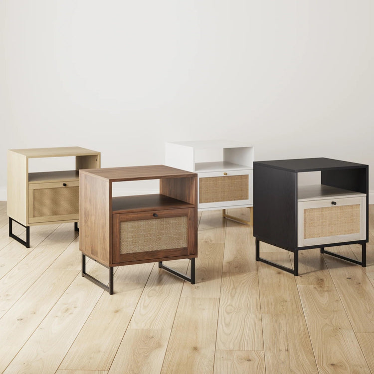 Mina Rattan Wood End Side Accent Table Nightstand with Storage for Living Room or Bedroom (Black Oak/Black / Set of 1)