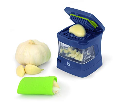 Garlic-A-Peel Garlic Press, Crusher, Cutter, Mincer, and Storage Container - Includes Silicone Garlic Peeler - Easy to Clean - Stainless Steel Blades – (Blue), standard (Standard / Blue)