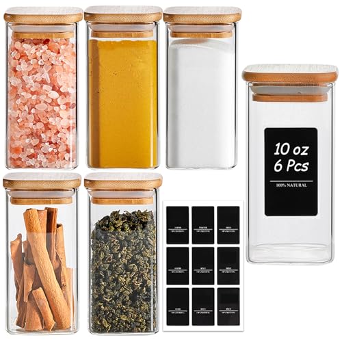 Square Glass Spice Jars with Labels 10 oz 6 Pack with Bamboo Lids (10 fl oz x 6 - Square)