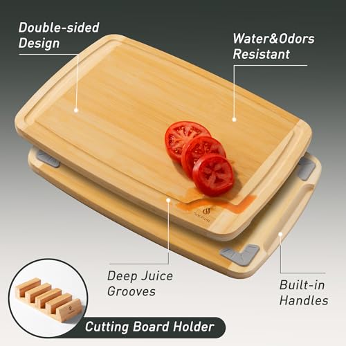 Bamboo Cutting Board Set Non Slip Feet with Holder Over Sink Men Birthday Christmas Valentines Father Day Gifts Ideal from Wife Romantic Anniversary Best Cool Gadget Awesome Who Have Everything (4 Pack with Holder / Two-Tone Bamboo)