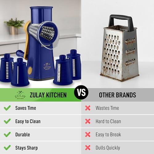 Rotary Cheese Grater Manual Hand Crank 5 Blade Shredder (5 Blades / Blue and Gold)