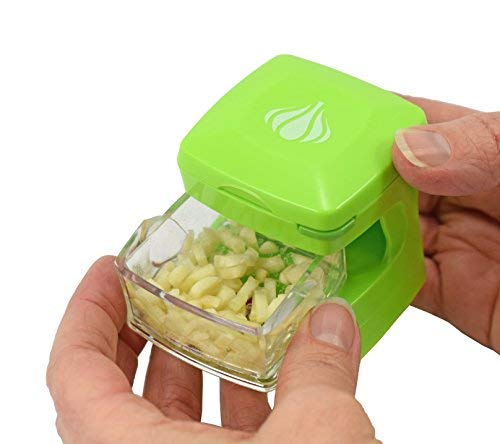 Garlic-A-Peel Garlic Press, Crusher, Cutter, Mincer, and Storage Container - Includes Silicone Garlic Peeler - Easy to Clean - Stainless Steel Blades – (Green), standard (Standard / Green)