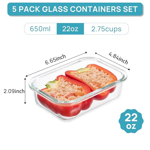 5Pack 22oz Glass Storage Containers with Lids (Grey / 22oz)