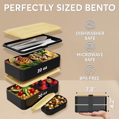 Bento Box Adult (M - 40 oz / Black & Bamboo)