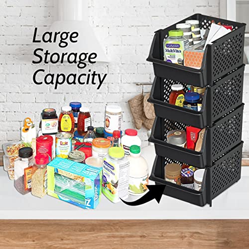 Stackable Storage Bins Open Front for Pantry Storage (4 Pack / Black)