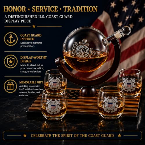 U.S. Coast Guard Globe Whiskey Decanter Set with 4 Liquor Glasses (Coast Guard)