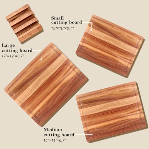 Large Acacia Wood Cutting Board Set of 3 Wooden Chopping Board With Holder (Acacia Wood / 3-Piece Set: 17" x 12", 15" x 11", 13" x 10")