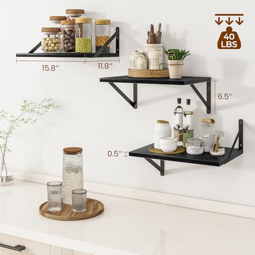 16W x 12D Deep Floating Shelves Set of 3 Black (Black With Black Metal Bracket / 16Wx12Dx5.8H)