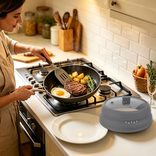 Microwave Splatter Cover Glass Cover Guard Lid with Collapsible Silicone for Food Pot Plate Cover 9.8 inch Light Grey (LIGHT GREY / 9.8 inch)