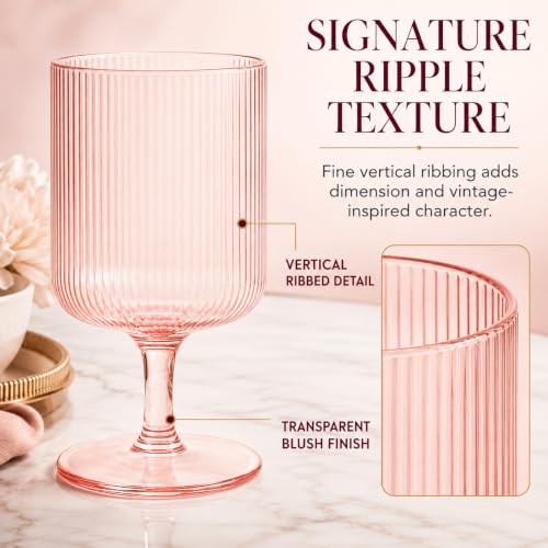 Ripple Textured Blush Pink Stemmed Glass Wine Goblets (Pink)