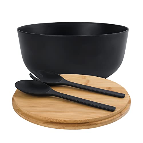 Bamboo Fiber Salad Bowl with Servers Set Large 9.8 inches Nature Bamboo Mixing Bowl with Servers with Lid Spoon and Fork for Fruits (10inch / Black)