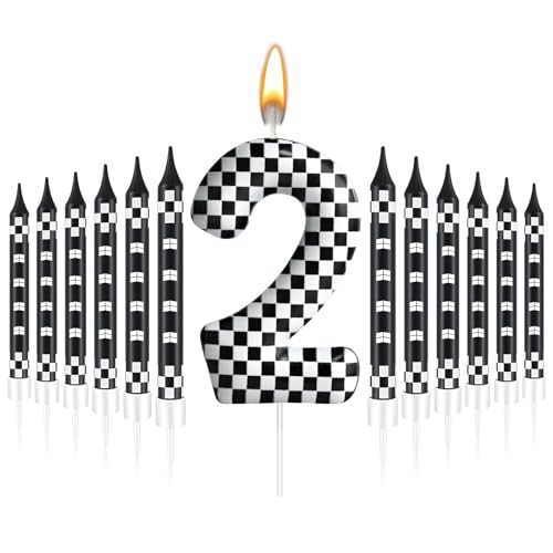 13 Pcs Racing Cars Themed Birthday Candles Black and White Race Number 2 Checkered Candle Cake Topper for Racing Car Party Decoration Supplies (Black+White / 2)