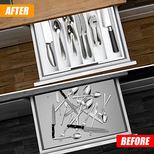 White Silverware Organizer Kitchen Drawer Organizer Expandable Bamboo Utensil Holder Cutlery Tray for Kitchen Utensil and Flatware Bedroom Office (White / 7 Slots Expandable)
