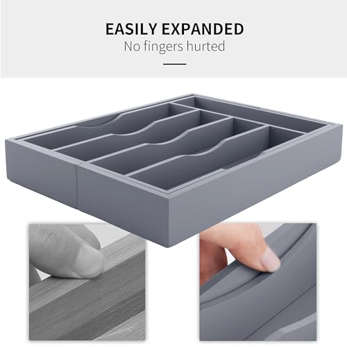 Expandable Bamboo Kitchen Drawer Organizer for Cutlery and Utensils (7 Slots Expandable / Grey)