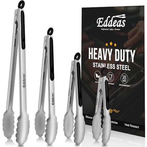 Grill Tongs BBQ Tongs Heat Resistant 600 Degrees (7+9+12+14 inch / Silver 4Pcs)