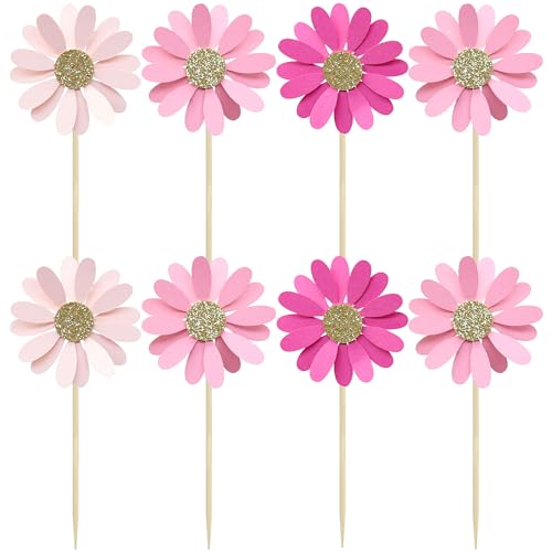 24Pcs Daisy Cupcake Toppers Flower Cake Topper Decorations Daisy Cake Decorations Chrysanthemum Cupcake Toppers Spring Daisy Flower Cake Picks for Birthday Wedding Supplies Rose Red Pink (Rose Red Pink)