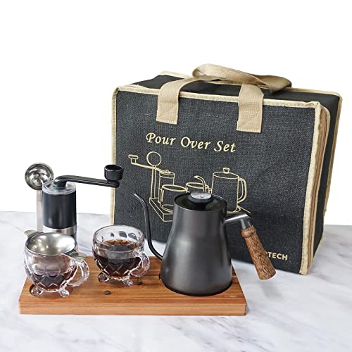 Pour Over Coffee Maker Set Chinese Tea Set Wooden Storage Tray Coffee Dripper Glass Server Coffee Scoop DIY Manual Pour Over Kit Black (Wood Tray Set)