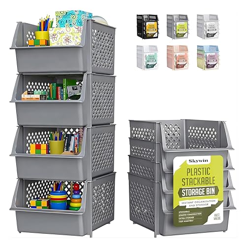 Stackable Storage Bins Open Front for Pantry Storage (4 Pack / Gray)