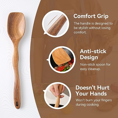 Kitchen 10PCS Teak Wooden Utensils Set With Holder and Spoon Rest (10 Pcs Spoons with Utensils Holder)