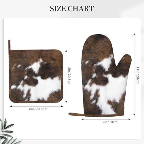 Cow Print Oven Mitts and Pot Holders Set of 4 Silicone Brown Cowhide Kitchen Mitten Gloves and Non (Brown)