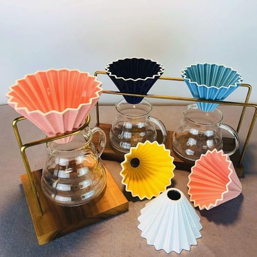 Ceramic Coffee Dripper Pour Over Coffee Maker with Wood Stand Elegant Flower Shape Filter (black)