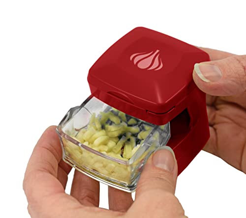 Garlic-A-Peel Garlic Press, Crusher, Cutter, Mincer, and Storage Container - Includes Silicone Garlic Peeler - Easy to Clean - Stainless Steel Blades – (Red), standard (2.5 x 2.5 x 2.8 / Red)