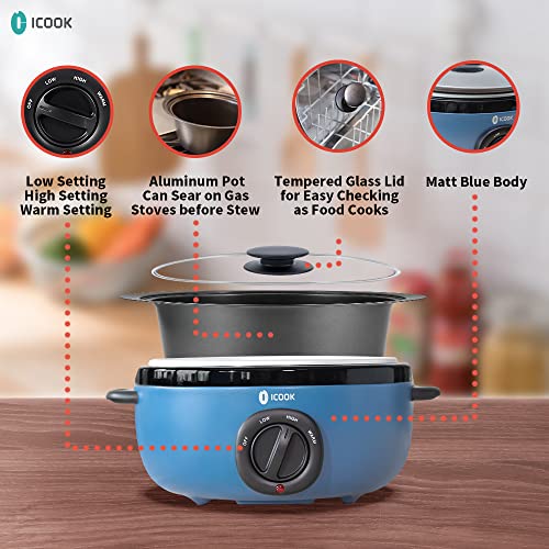 USC-65-OP001BL 6.5 Quart Slow Cooker,Aluminium Sear/Sauté Stew Pot Stovetop safe,Dishwasher Safe,Glass Lid,Adjustable Temp,Food Warmer(Blue) (2-Blue / 6.5 Quarts)
