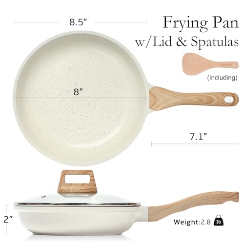 Nonstick Ceramic Frying Pan Skillet with Lid (8" w/Lid / White)