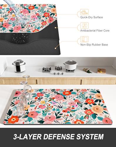 Dish Drying Mat for Kitchen Counter (Colorful Floral / 15" x 24")