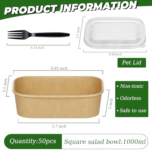 50 Disposable Food Prep Containers 35oz Kraft Paper Bowls with Lids & Forks (35oz 50 Count / kraft Paper Rectangular)