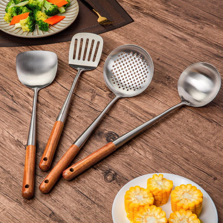 17inch Wok Spatula and Ladle (Walnut Handle - 4 Pieces Set)