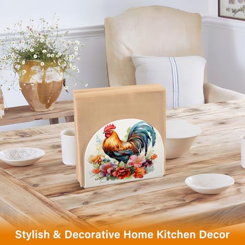 Rooster and Flower Napkin Holder for Table Paper Napkins Holder Acrylic Tissue Dispenser Kitchen Dining Room Bathroom Party Car Decor (NH051 / 4.1x4.9x1.97in)