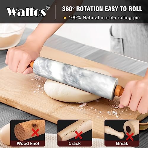 Marble Rolling Pin With Wooden Handles & Wood Cradle (16.5 in marble)