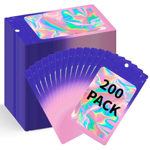 200 Pack Resealable Mylar Holographic Bags Food Storage Smell Proof Bags with Front Window Foil Packaging Pouch for Candy Sample Jewelry Small Business 3.15×5.51 Inch (3.1×5.5 inch / Blue Fade Purple)