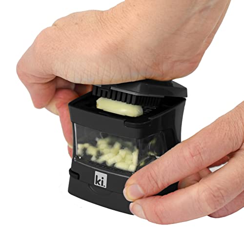 Garlic-A-Peel Garlic Press, Crusher, Cutter, Mincer, and Storage Container - Includes Silicone Garlic Peeler - Easy to Clean - Stainless Steel Blades – (Black), standard (3 x 3 x 2.8 / Black)