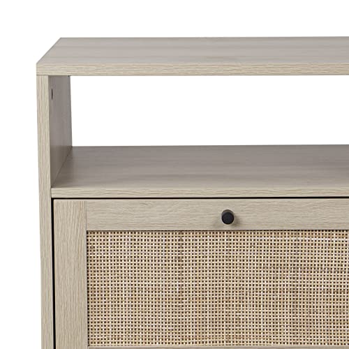 Mina Rattan Wood End Side Accent Table Nightstand with Storage for Living Room or Bedroom (Oak/Black / 1)