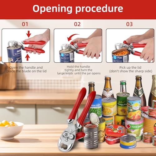 Multi function Manual Can Opener Bottle Opener (Double Handle / Red)