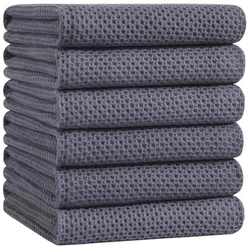 100% Cotton Oversized Waffle Weave Kitchen Towels 6 (Dark Grey / 20 X 28 - 6 Pack)